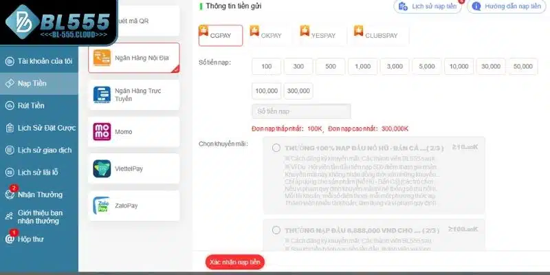Đây là phương thức nạp tiền BL555 phổ biến và dễ thao tác